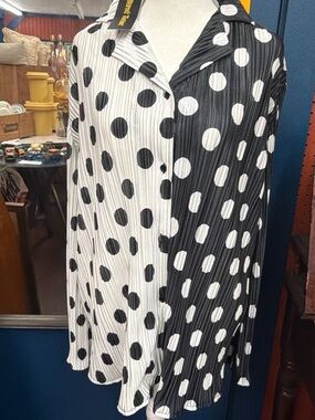 Polka Dot Two-Tone Button-Up Blouse - Black & White